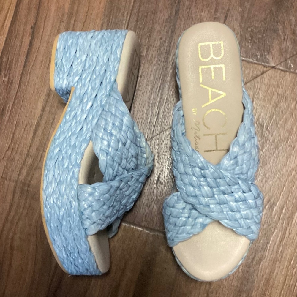 Beach Matisse Sky Blue Woven Raffia Platform Block Heel Slide Sandals Women's 9 - Picture 3 of 8